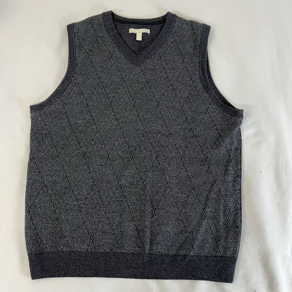 Nordstrom Extra Fine Merino Wool Vest — Black Gray Patterned Knit, Men's Large